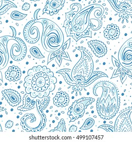 Seamless blue paisley pattern on white background. Oriental decoration print. Boho style, for wrapping, wallpaper, fabric. Indian ornament
