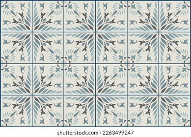 Seamless blue patchwork tile with Islam, Arabic, Indian, ottoman motifs. Majolica pottery tile. Portuguese and Spain decor. Ceramic tile in talavera style. Vector illustration.