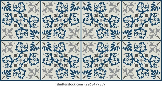 Seamless blue patchwork tile with Islam, Arabic, Indian, ottoman motifs. Majolica pottery tile. Portuguese and Spain decor. Ceramic tile in talavera style. Vector illustration.