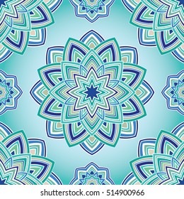 Seamless blue pattern of abstract mandala. Oriental ornament. Template for carpet, shawl, wallpaper, textile.