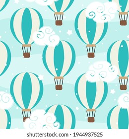 Seamless blue pattern of air balloons and curly clouds. Cute doodle background for children's projects. Vector illustration for fabric, packaging or kids design.