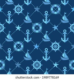 Patrón azul incomparable con anclas, barcos de vela y timones conectados por líneas punteadas. Para textiles, papel pintado, decoración, carteles. El concepto de viajes y cruceros marítimos. Vacaciones en el mar.