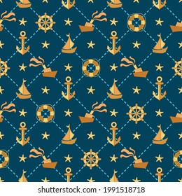 Seamless blue pattern with anchors, sailing ships and rudders connected by dotted lines. For textiles, wallpaper, decoration, banners. The concept of travel and sea cruises. Vacation at the sea.