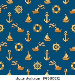 Seamless blue pattern with anchors, sailing ships and rudders connected by dotted lines. For textiles, wallpaper, decoration, banners. The concept of travel and sea cruises. Vacation at the sea.