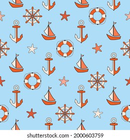 Seamless blue pattern with anchors, sailing ships and rudders connected by dotted lines. For textiles, wallpaper, decoration, banners. The concept of travel and sea cruises. Vacation at the sea.