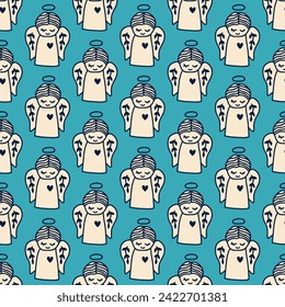 Seamless blue pattern with angels in doodle style. Print for textile, wallpaper, covers, surface. Retro stylization. For fashion fabric.
