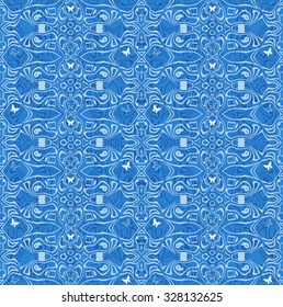 Seamless blue pattern or background with butterflies in blue and white spectrum