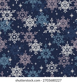 Patrón azul sin fisuras con hermosos copos de nieve y estrellas. Ilustración de invierno.