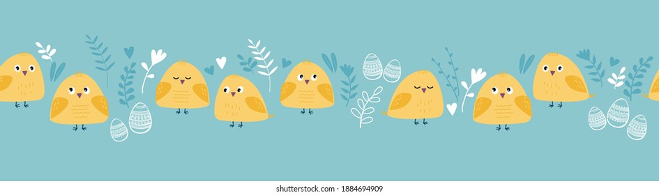 Seamless blue pattern border with Easter and spring elements:  flowers, chicks, birds, eggs