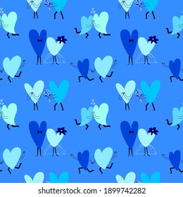 Seamless blue pattern with cartoon hearts. Couples in love of different shades embrace filled with feelings and give gifts. Vector stock illustration in blue colors.
