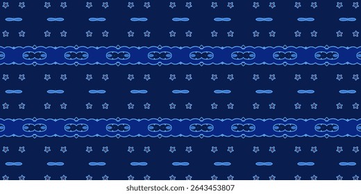 Seamless blue pattern with celestial star and abstract figure outlines on a navy background. Modern and minimalist, ideal for fashion or digital backgrounds.