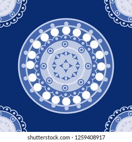 Seamless blue pattern for ceramic, porcelain, chinaware design with round ornament