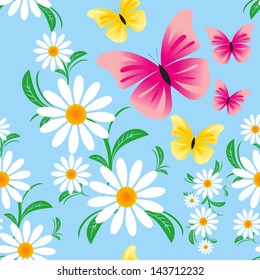 Seamless blue pattern  with Chamomiles and Butterflies