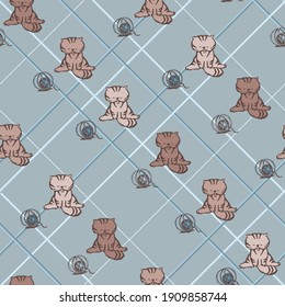 Seamless blue pattern checkered striped, funny sleeping cat drawn in doodle style