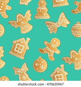 Seamless blue pattern with Christmas gingerbread. Vector illustration