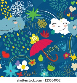 seamless blue pattern with clouds, flowers, stars, hearts and umbrella