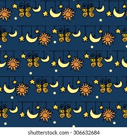 Seamless blue pattern with crescent, sun, stars and butterflies. Hand drawing doodle. Vector illustration