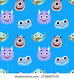 Patrón azul inconsútil con monstruos lindos de la historieta y personajes divertidos del pez. Ilustración vectorial plana brillante perfecta para productos infantiles, textiles, Fondos de pantalla, App, juegos y marca juguetona