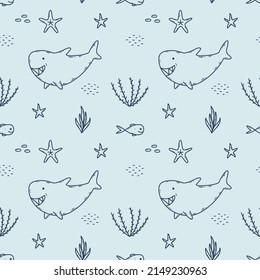 Seamless blue pattern with cute shark. Fish and starfish. Background for sewing clothes and printing on fabric. Packing paper. Inhabitants of sea and ocean. Underwater world.