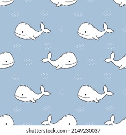 Seamless blue pattern with cute whale. Background for sewing clothes and printing on fabric. Packing paper. Inhabitants of  sea and ocean. Underwater world.