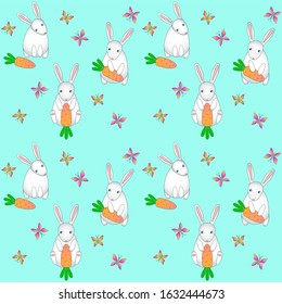 Seamless blue pattern with cute white rabbits, carrots and butterflies. Delicate spring, easter vector pattern for children. Cute stylized animals on a gentle seamless background. Bunnies, butterflies