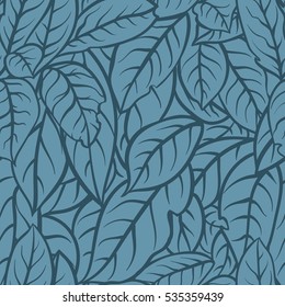 Seamless blue pattern with deciduous outline.  Outline leaf pattern. 