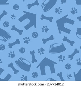 Seamless blue pattern with doghouses, paws, bones, bowls and balls. Vector illustration.