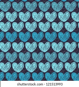 Seamless blue pattern with doodle hearts. Endless decorative romantic texture