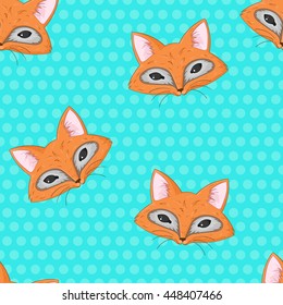 Seamless blue pattern with dots. Vector hand drawn painted fox muzzle. Ginger fox face with red fluffy strands. Illustration cute sweet foxy with big eyes and ears
