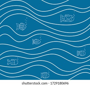 Patrón azul inmaculado con peces blancos dibujados y olas. Fondo marino abstracto vectorial. Papel sencillo, textura, baldosas.