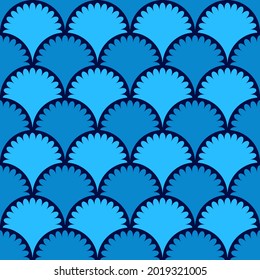 Seamless blue pattern with fan. Background with fish scales. Tail of mermaid. Print for textiles, fabric. Oriental ornament with circles. Vector illustration