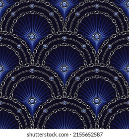 Patrón azul inmaculado con rejilla en forma de ventilador, cadenas plateadas, piedras de zafiro, rayos de color delgados dentro de la celda de la rejilla. Un fondo clásico de lujo. Vector