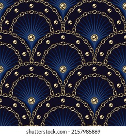 Seamless blue pattern with fan shaped grid, gold chains, ball beads, thin color rays inside of grid cell. Classic luxury background.