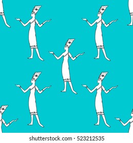 Seamless blue pattern with figures of egyptian women in ancient dresses. Nefertiti. Dancers. Beautiful pattern for prints, textile, design, wrapping paper, scrapbooking.