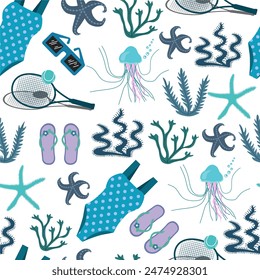 Seamless blue pattern with flip flop sandals, swimsuits, starfish. Jellyfish, seaweeds and sunglasses. Tennis racket with ball. Repeating summer print, background texture. Isolated on white.