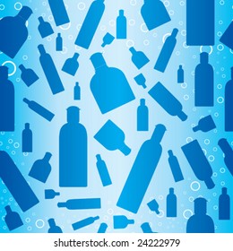 Seamless blue pattern with flying cosmetic bottles and bubbles