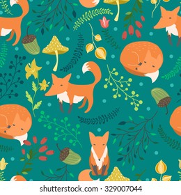 Seamless blue pattern with foxes in the forest. Vector illustration