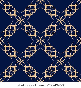 Seamless blue pattern with golden floral ornaments