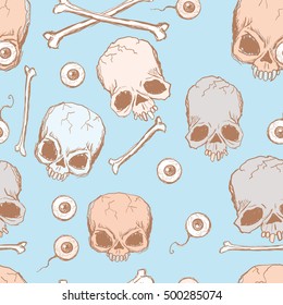 Seamless blue pattern hand drawn with Gothic skulls, bones and eye apples for Halloween