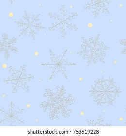 Seamless blue pattern of hand-drawn blue snowflake with curls