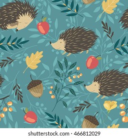 Seamless blue pattern with hedgehogs. Vector illustration