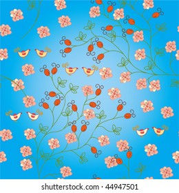 Seamless blue  pattern with hips and birds