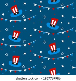 Seamless blue pattern for Independence Day USA. Background of hand-drawn elements for July 4th in the national colors of the United States of America. Vector illustration for a festive decoration.