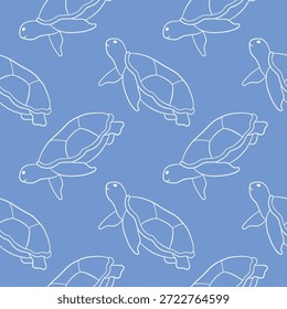 Patrón azul inconsútil con la tortuga marina de la natación del estilo del arte de la línea. Diseño temático marino para textil de verano.
