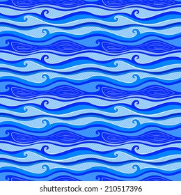 Seamless blue pattern with lines, waves, curls and other marine elements