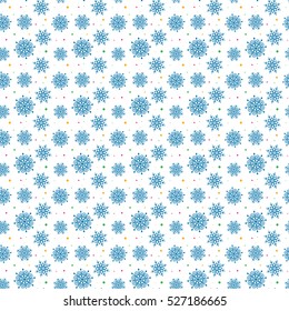 Seamless blue pattern of many snowflakes on white background. Christmas winter theme for gift wrapping. New Year seamless background for website