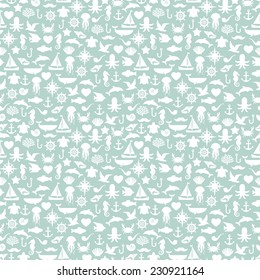 Seamless blue pattern of marine symbols. Vector illustration. 