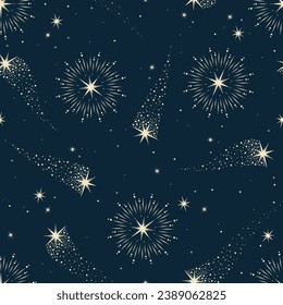 Seamless blue pattern with moon and stars. Boho space vector. Illustration for greeting card, invitation, wallpaper, wrapping paper, fabric