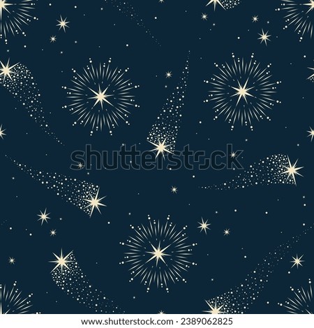Seamless blue pattern with moon and stars. Boho space vector. Illustration for greeting card, invitation, wallpaper, wrapping paper, fabric