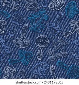 Seamless blue pattern with outline mushroom silhouette. Random composition. Textured denim background. Grunge style